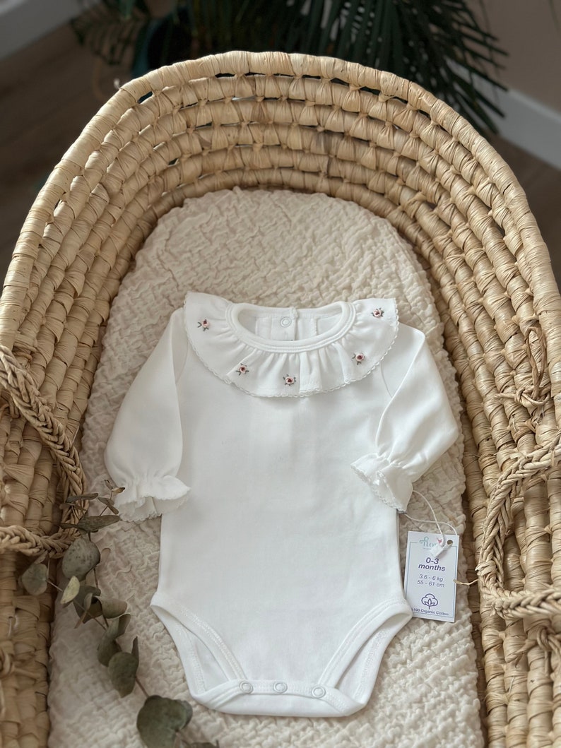 Dusty Rose Organic Long Sleeve Bodysuit, Handmade Embroidery, Baby Girl Bodysuit With Ruffle