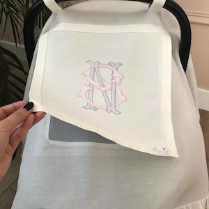 Funda de asiento de coche con monograma / Funda de cochecito personalizada / Toldo para asiento de coche con ventana para mirar / Regalo para recién nacido / 100 % lino y algodón