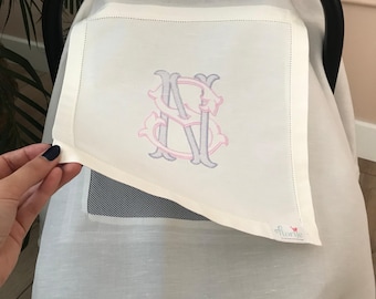 Monogrammed Linen Stroller Cover: Baby Car Seat Canopy with Mosquito Net