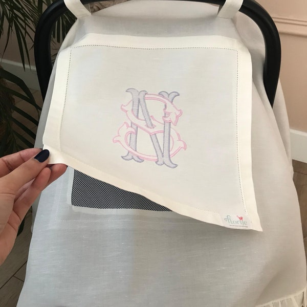 Monogrammed Car Seat Cover | Personalized Stroller Cover | Car Seat Canopy with Peek-a-Boo Window | New Baby Gift | %100 Cotton Linen