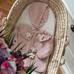 Daisy Hand Knitted Baby Cardigan and Bonnet Set: Organic Cotton, Dusty Rose