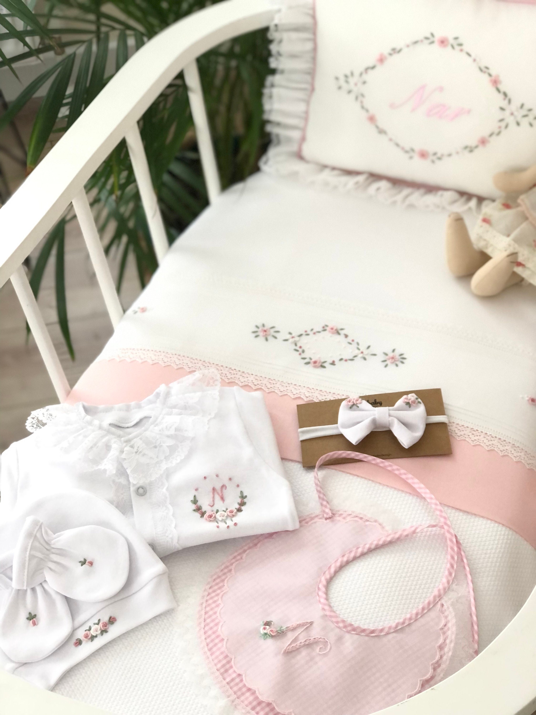 Lily Pink Personalized 4 Piece Baby Quilted Bedspread Set , Hand
