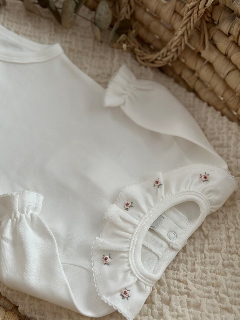Dusty Rose Organic Long Sleeve Bodysuit, Handmade Embroidery, Baby Girl Bodysuit With Ruffle