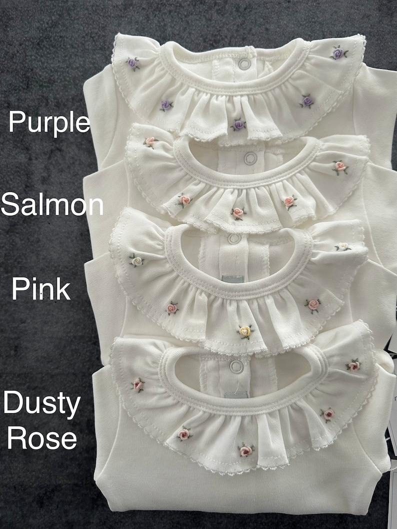 Purple Organic Long Sleeve Bodysuit, Handmade Embroidery, Baby Girl Bodysuit With Ruffle, Baby