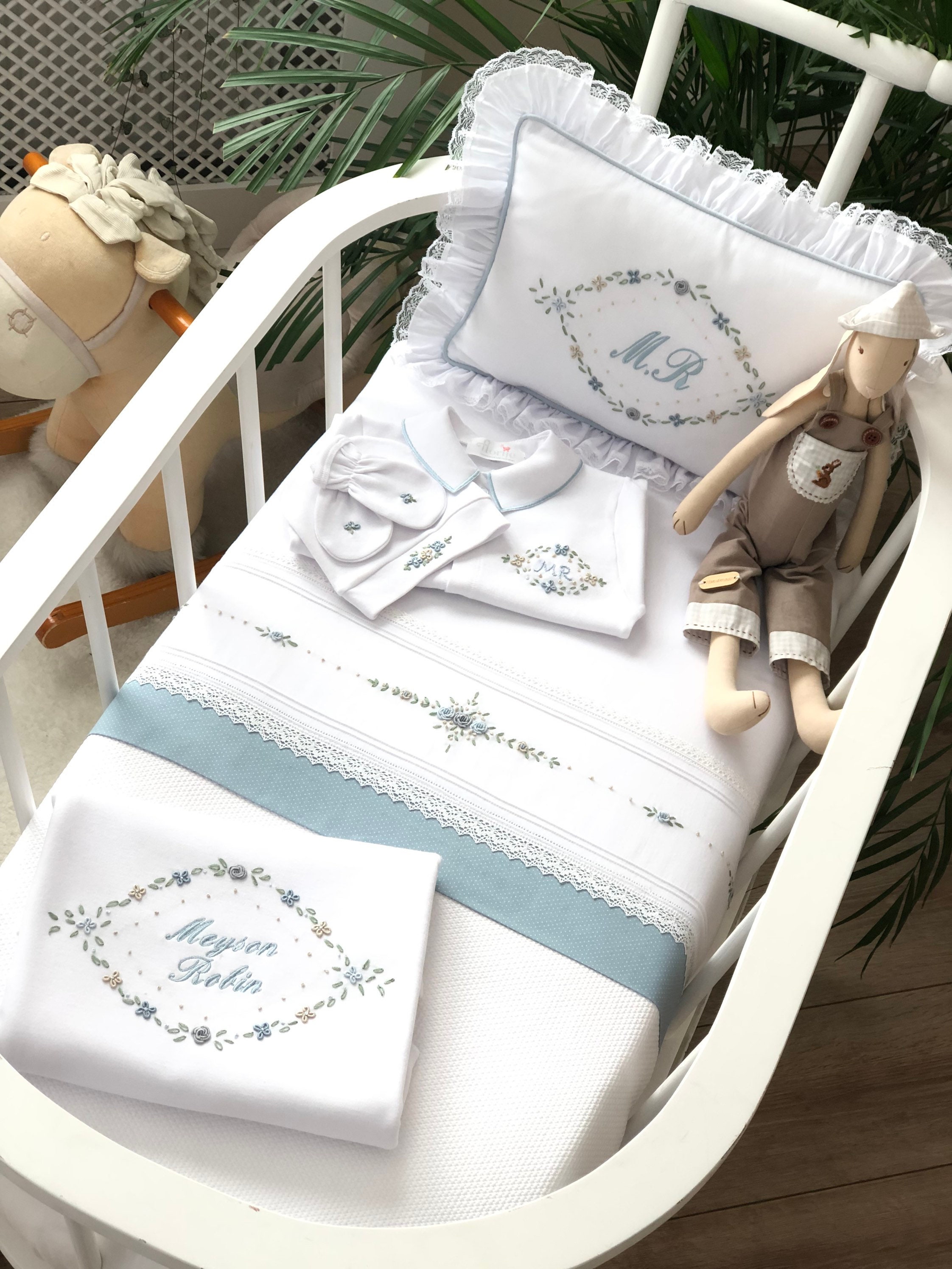 Lily Blue Personalized 4 Piece Baby Quilted Bedspread Set , Hand