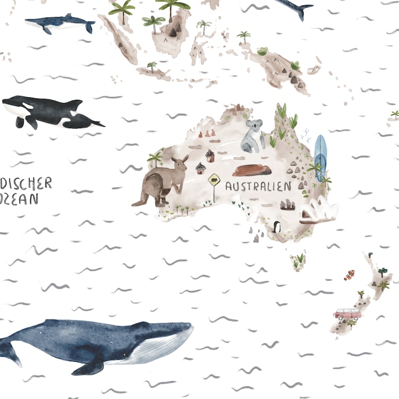 May include: A watercolor illustration of a map of Australia with various animals and landmarks. The map is surrounded by a blue ocean with waves. The text "AUSTRALIEN" is written on the map.