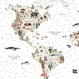 May include: A watercolor illustration of a world map with North and South America highlighted. The map features various animals, landmarks, and text labels, including "Nordamerika", "Sudamerika", "Atlantischer Ozean", and "Pazifischer Ozean".