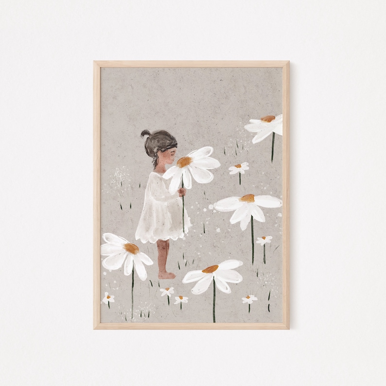 May include: A watercolor illustration of a young girl in a white dress holding a large daisy. The girl is standing in a field of daisies, which are painted in shades of white and light brown. The background is a light gray.