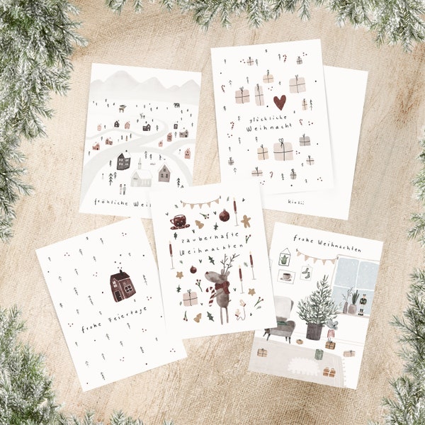 Weihnachtskarten - 5er Set | Postkarte Weihnachten Din A6 Weihnachtskarte aquarell Weihnachtsgeschenk