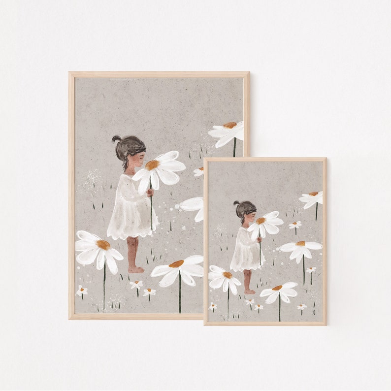 May include: Two framed illustrations of a girl in a white dress holding a large daisy in a field of daisies. The illustrations are in a muted color palette of white, brown, and gray.