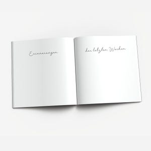 May include: An open notebook with the words "Erinnerungen" and "der letzten Wochen" written on the pages.