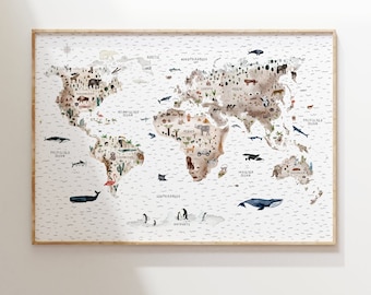 Wereldkaartposter 50x70 cm. Cadeau voor meisjes, cadeau voor jongens, poster voor kinderen. Wereldposter, kunstprint.
