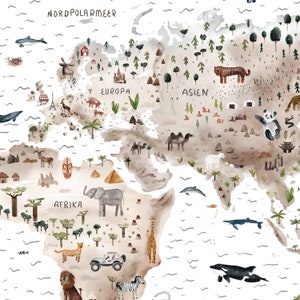 May include: A watercolor illustration of a world map with animals and landmarks. The map includes continents like Africa, Asia, Europe, and North America. The map is decorated with animals like giraffes, elephants, tigers, and pandas. The map also includes landmarks like the Eiffel Tower, the Great Wall of China, and the pyramids of Egypt.