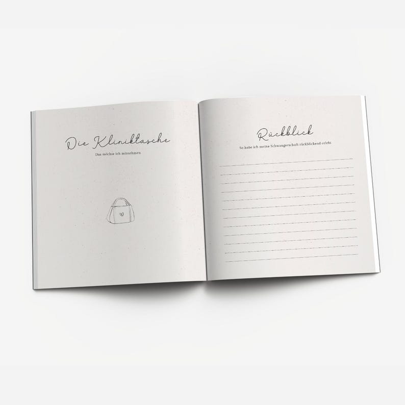May include: A blank journal with a white cover and black text. The left page has the title "Die Kliniktasche" and a drawing of a small bag. The right page has the title "R&uuml;ckblick" and lined paper for writing.