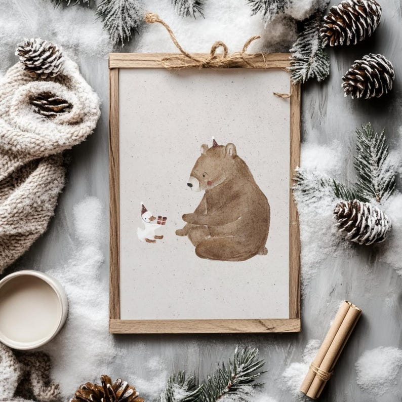 May include: A framed illustration of a brown bear and a small white rabbit with a red bow. The bear is sitting down and the rabbit is holding a small gift box. The illustration is set against a white background.