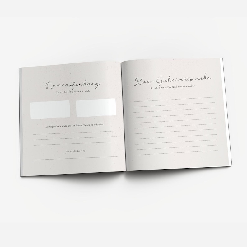 May include: A white book with a light gray cover and black text. The book is open to two pages. The left page has the title "Namensfindung" and the right page has the title "Kein Geheimnis mehr".