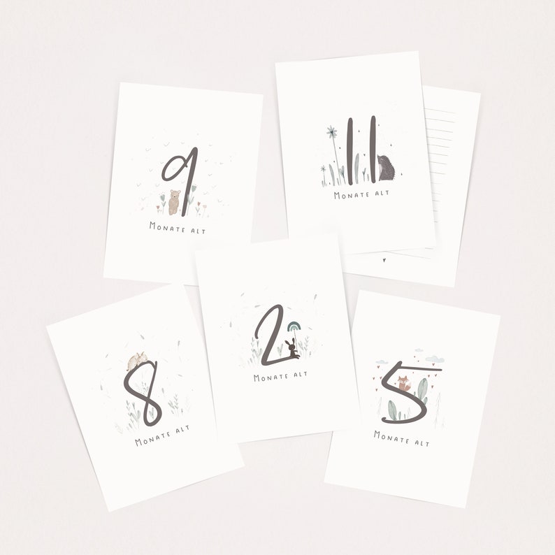 May include: A set of five white rectangular milestone cards featuring hand-drawn illustrations of animals and plants. Each card displays a large number and the German text "Monate alt," with designs including a bear, rabbit, and fox.