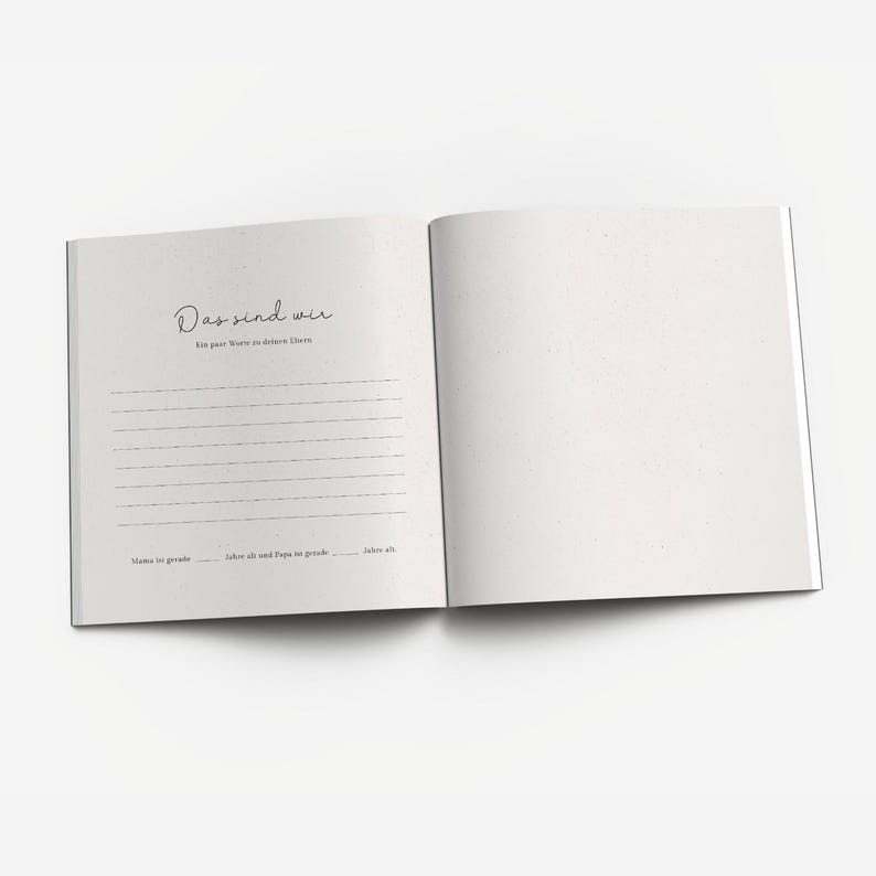May include: An open book with a white cover and lined pages. The text on the cover reads "Das sind wir" and "Ein paar Worte zu unserem Leben".