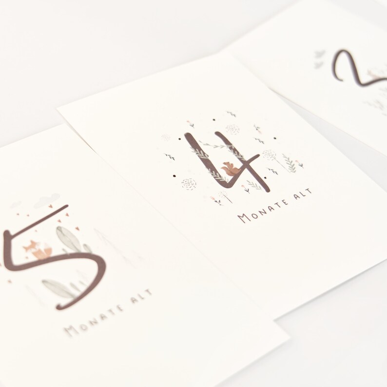 May include: Three white rectangular milestone cards featuring the numbers 5, 4, and 2 in a dark brown script font. Each card includes small illustrations of woodland animals and plants, with the German text MONATE ALT printed below the number.