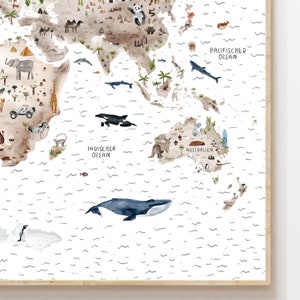 May include: A watercolor world map with illustrations of animals and landmarks. The map includes the words "Pazifischer Ozean" and "Indischer Ozean".