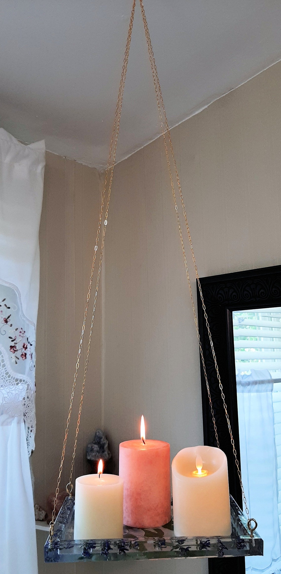 A Hanging Candle Holder with 30 of chain to hang with. A Etsy