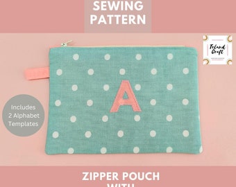 Zipper Pouch Sewing Pattern: Applique Initial, Photo Tutorial (PDF Pattern)