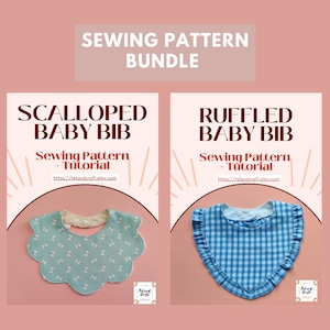 May include: A sewing pattern bundle featuring two baby bib designs. One is a scalloped bib with a light blue floral pattern, and the other is a ruffled bib in a blue gingham check. Text includes "SEWING PATTERN BUNDLE" and website address.