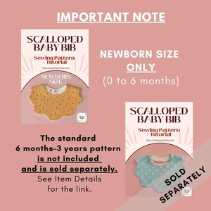 May include: Image of two baby bib sewing pattern tutorials. One is a mustard yellow bib with a polka dot pattern, and the other is a light blue bib with a floral pattern. Text on the image reads "Newborn Size Only (0 to 6 months)".