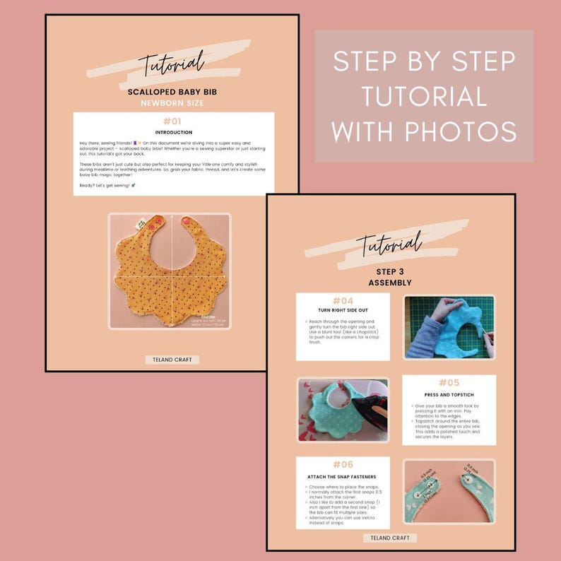 May include: A tutorial for a newborn-sized scalloped baby bib. The guide includes step-by-step instructions with photos. The bib is yellow with a polka dot pattern. The tutorial includes instructions for assembly and attaching snap fasteners.