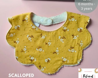 Mustard Floral Baby Bib Collar - Scallop bibs - Handmade Dribble bibs in flower shape - Soft Bamboo Toweling Backing - Baby Shower Gift