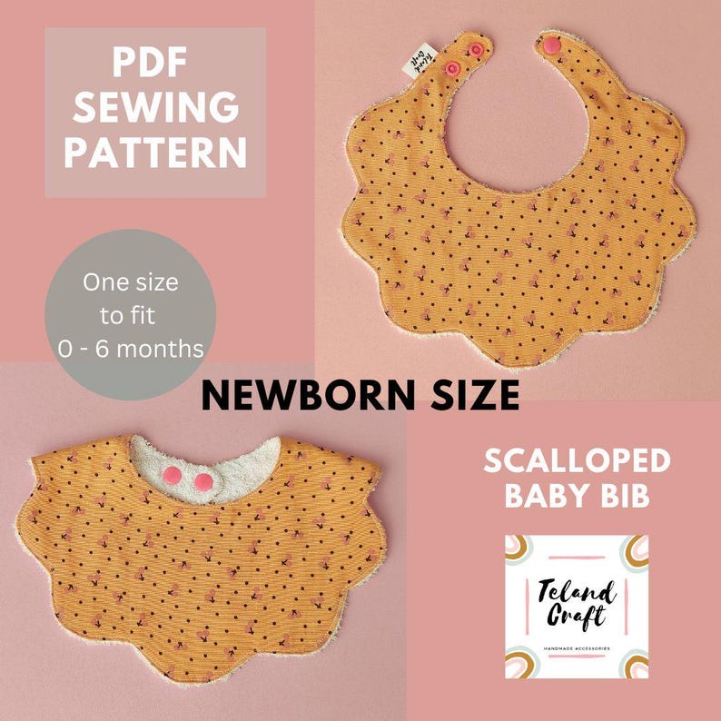 May include: A newborn size, scalloped baby bib sewing pattern. The bibs are mustard yellow with a small floral pattern and a white, fluffy trim. The text "PDF SEWING PATTERN" and "NEWBORN SIZE" are visible.