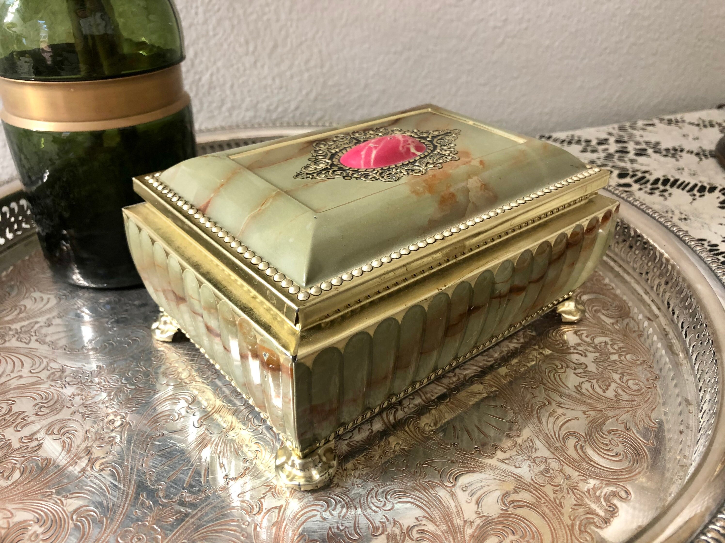 Vintage Collectible Marbled Green HK 385/1 Tea Tin Jewelry