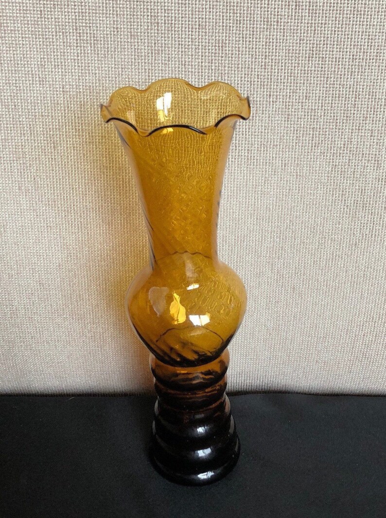Vintage Hand Blown Fluted Amber Glass Vase.
