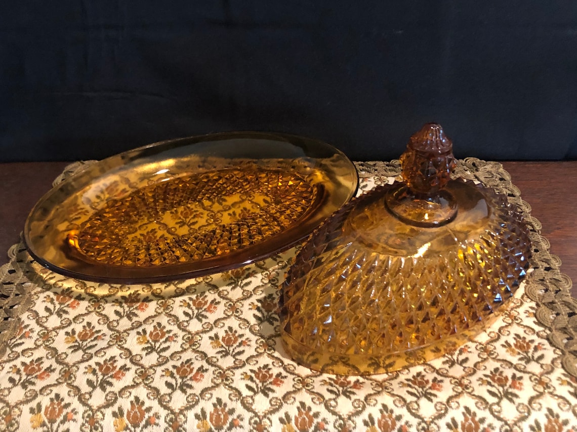 Vintage Amber Indiana Glass Diamond Point Oval Butter Dish Etsy