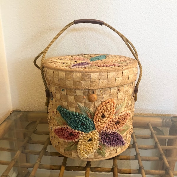 Vtg 1950’s Retro Raffia Cylinder Bucket Purse-Tote-Beach Bag-Sewing Basket-Craft Basket.