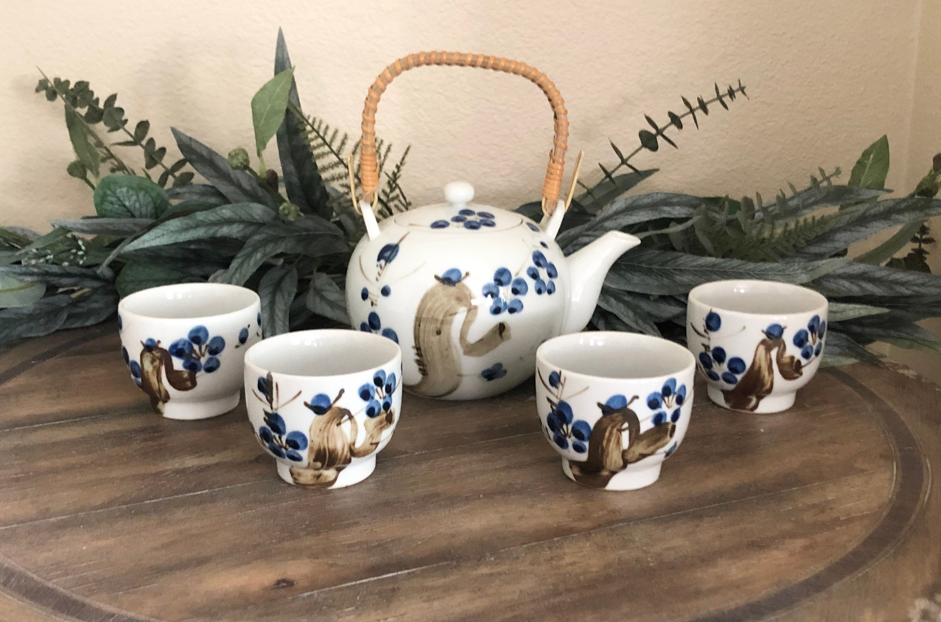 Vintage Blue and White Japanese Tea Set with Bamboo Handle. Etsy