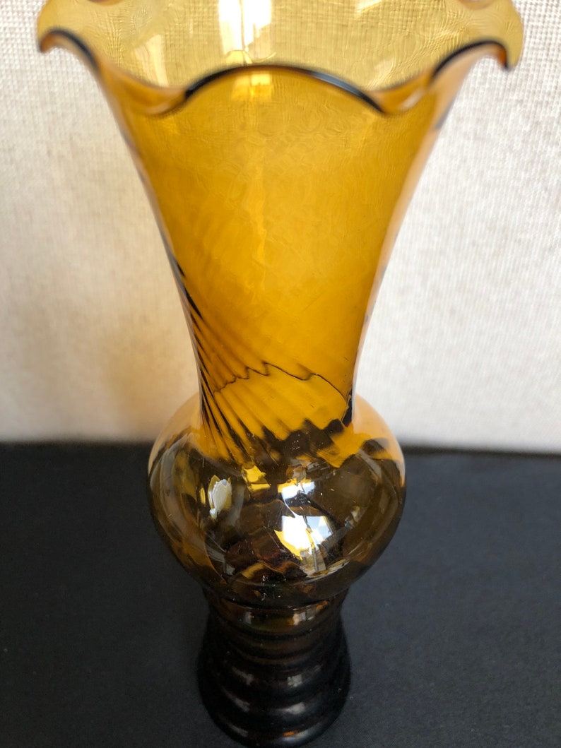 Vintage Hand Blown Fluted Amber Glass Vase.