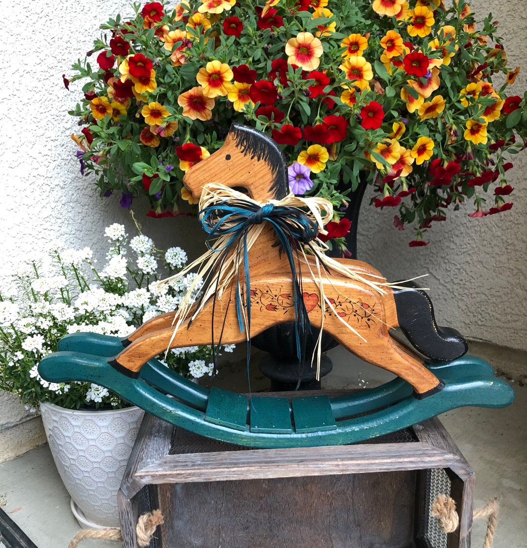Vintage Wooden Rocking Horse With Stenciled Heart Pattern Decor. - Etsy