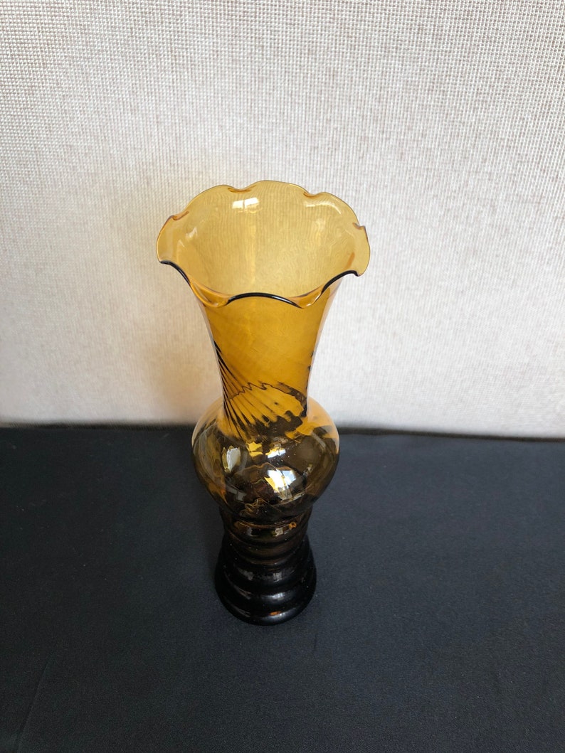 Vintage Hand Blown Fluted Amber Glass Vase.