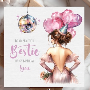 Biglietto di compleanno personalizzato con nome per la migliore amica / Ragazza alla moda con palla da discoteca e palloncino / Biglietto di celebrazione divertente e alla moda, perfetto per la tua migliore amica