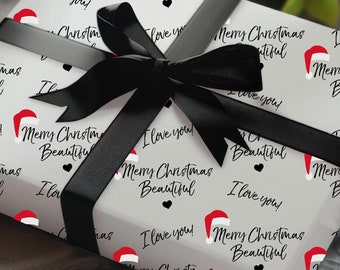 Merry Christmas Beautiful Wrapping Paper & Gift tag For Her UK,Simple Cute santa Luxury Wrapping paper Sheets for girlfriend,Fiancè or wife