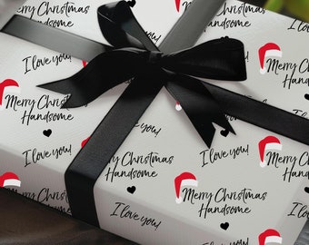 Merry Christmas Handsome Wrapping Paper & Gift tag For Him UK,Simple Cute santa Luxury Wrapping paper Sheets for Boyfriend,Fiancè or Husband