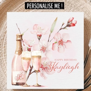 Gepersonaliseerde roze verjaardagskaart voor bestie met prosecco en kersenbloesems Aanpasbare bloemenvriend Verjaardagswens - voorletter en naam