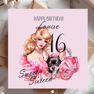 Carte d'anniversaire rose personnalisée pour elle, 16 ans aujourd'hui, carte d'étape pour filles de la mode Sweet Sixteen Glam - meilleure amie, soeur, fille, nièce