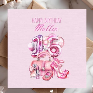 Carte d'anniversaire rose personnalisée pour elle, 16 ans aujourd'hui, carte d'étape pour filles de la mode Sweet Sixteen Glam - meilleure amie, soeur, fille, nièce