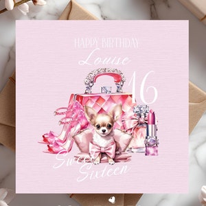 Carte d'anniversaire rose personnalisée pour elle, 16 ans aujourd'hui, carte d'étape pour filles de la mode Sweet Sixteen Glam - meilleure amie, soeur, fille, nièce