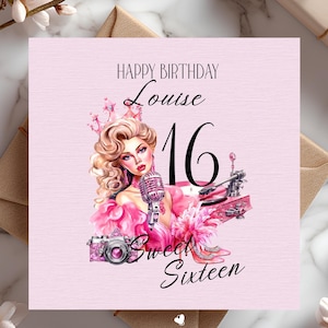 Carte d'anniversaire rose personnalisée pour elle, 16 ans aujourd'hui, carte d'étape pour filles de la mode Sweet Sixteen Glam - meilleure amie, soeur, fille, nièce