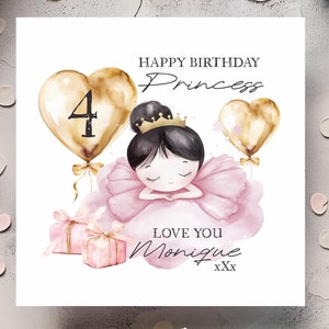 Biglietto di auguri personalizzato per il 4° compleanno della principessa ballerina per una bambina speciale / Biglietto con nome personalizzato per figlia, nipote, nipote, sorella, amica