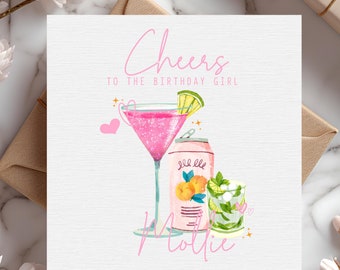 Cheers to the birthday girl card for her, Cocktails happy birthday card, Personalised Birthday card, Best Friend, Daughter, Sister, Niece
