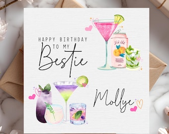 Happy birthday to my bestie card, Personalised birthday card for her, Cocktails birthday card, Best friend birthday card, summer cocktails